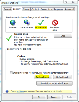 Internet settings, trusted sites and custom settings highlighted